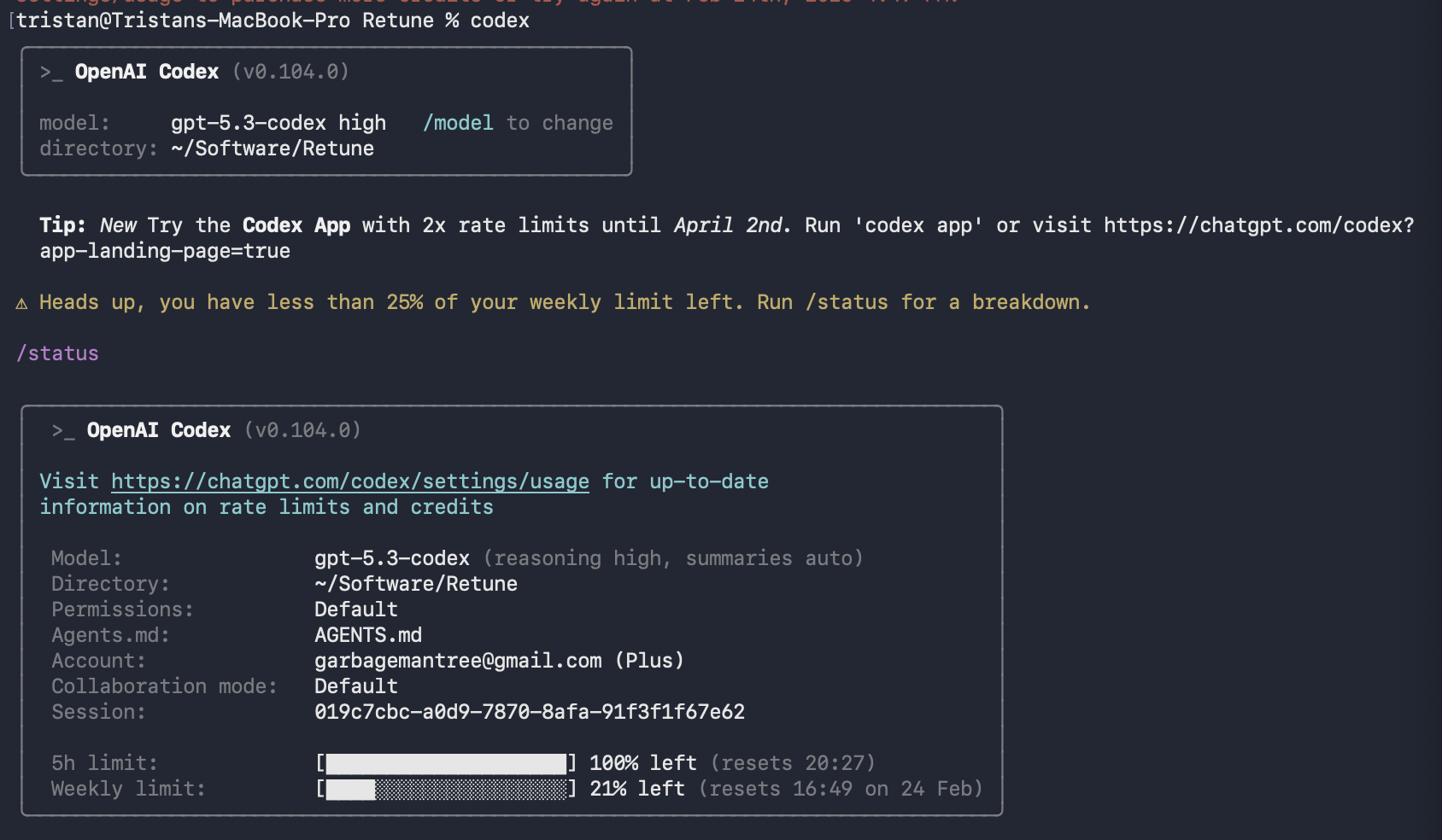 Codexの/statusで確認できるリセット時間。ウィンドウの開始時刻を操作すればリセット時間を制御できる