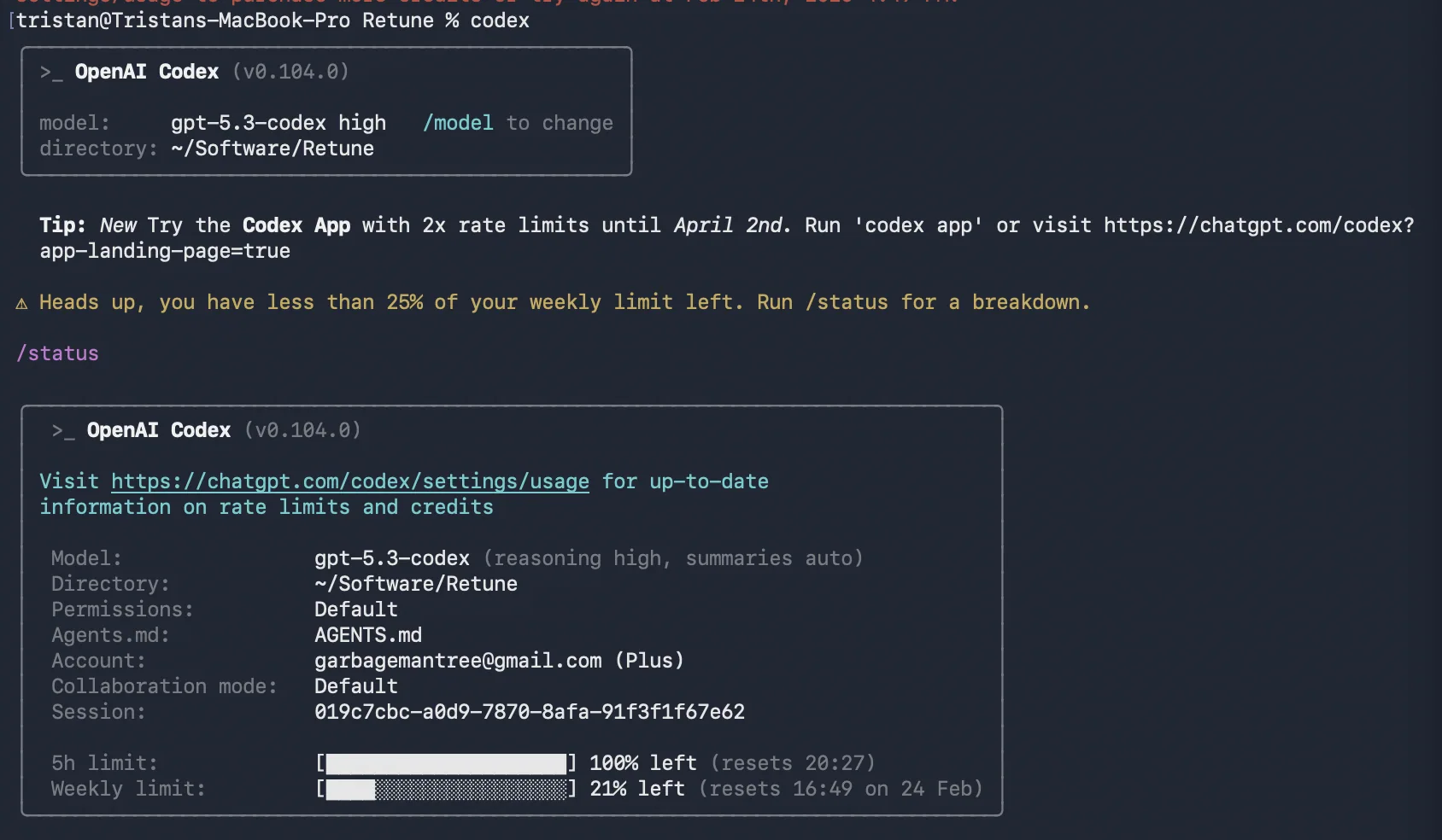 Codexの/statusで確認できるリセット時間。ウィンドウの開始時刻を操作すればリセット時間を制御できる